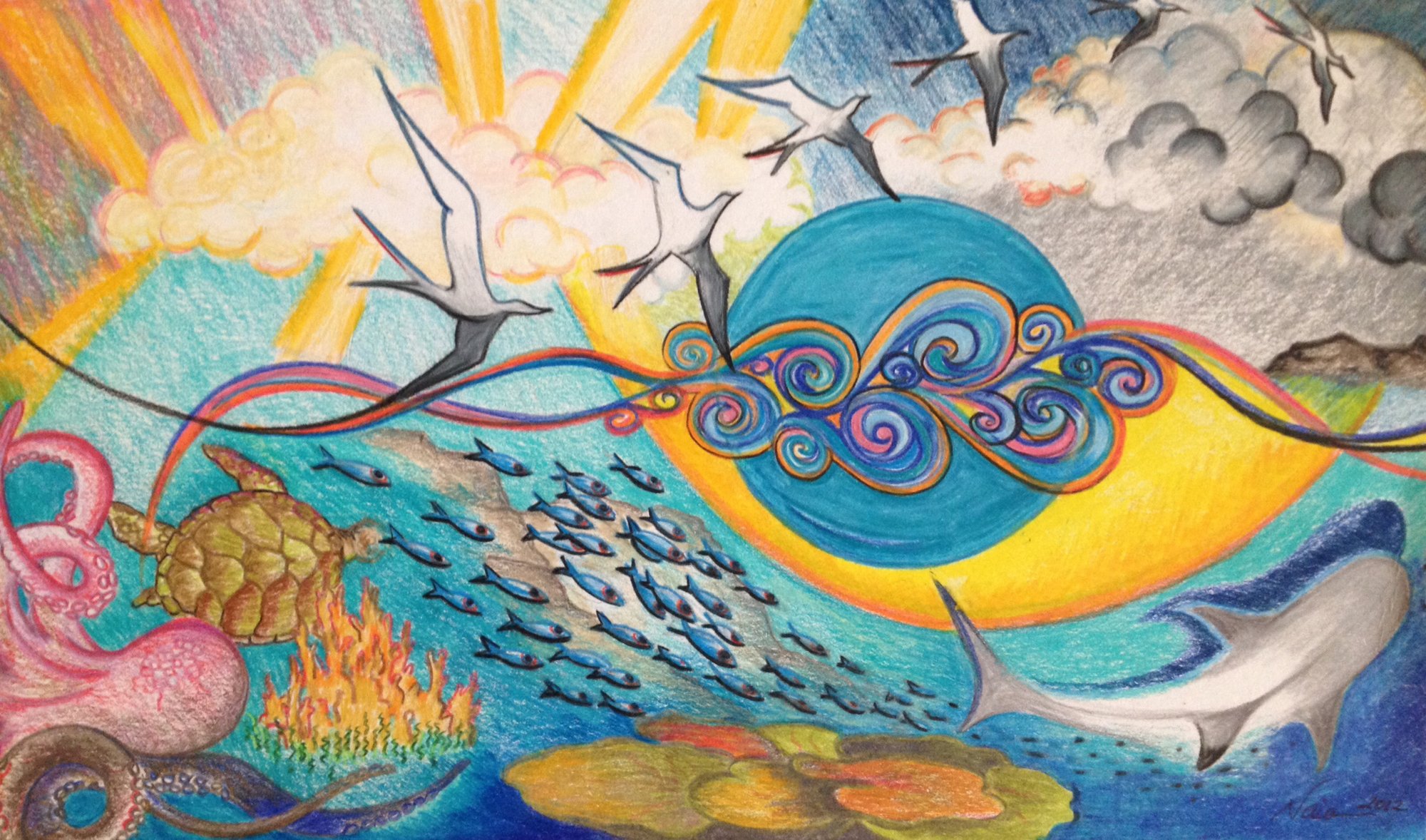 Moana Nui, a painting of the world ocean: the rising sun, seabirds in flight, a koru-scroll wave, honu, a school of fish, a shark and a heʻe woven together.