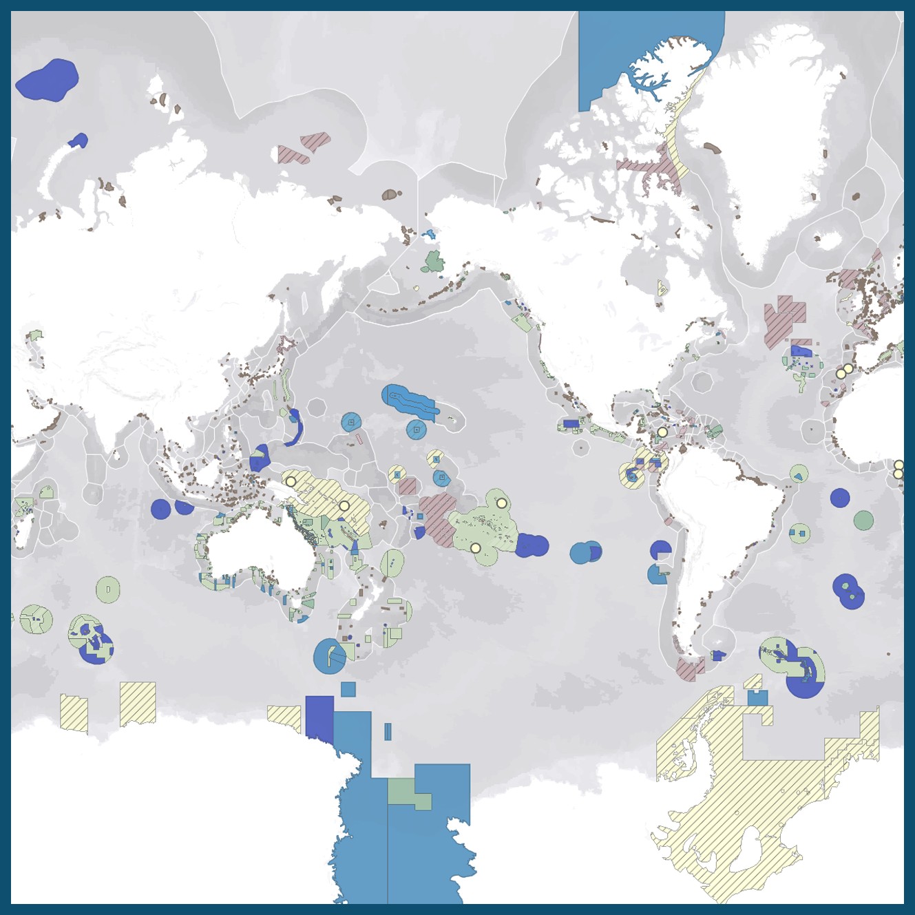 A world map of marine protected areas: a relatively small number of very large sites across the Pacific, Indian, Atlantic, and Southern Oceans account for most legally protected ocean.