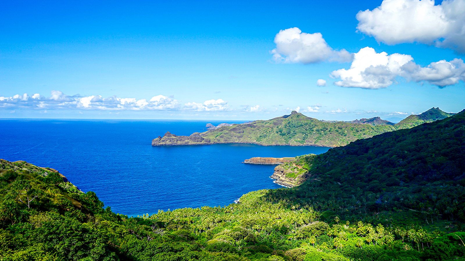 Forested cliffs above a deep-blue bay in the Marquesas.
