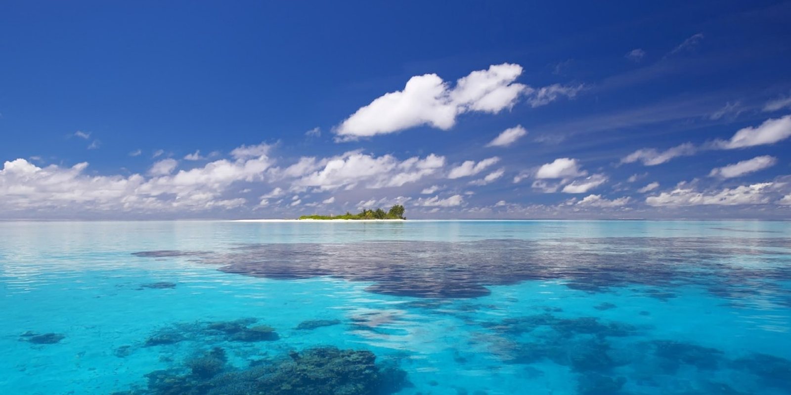 A turquoise lagoon and reef encircling a small island.